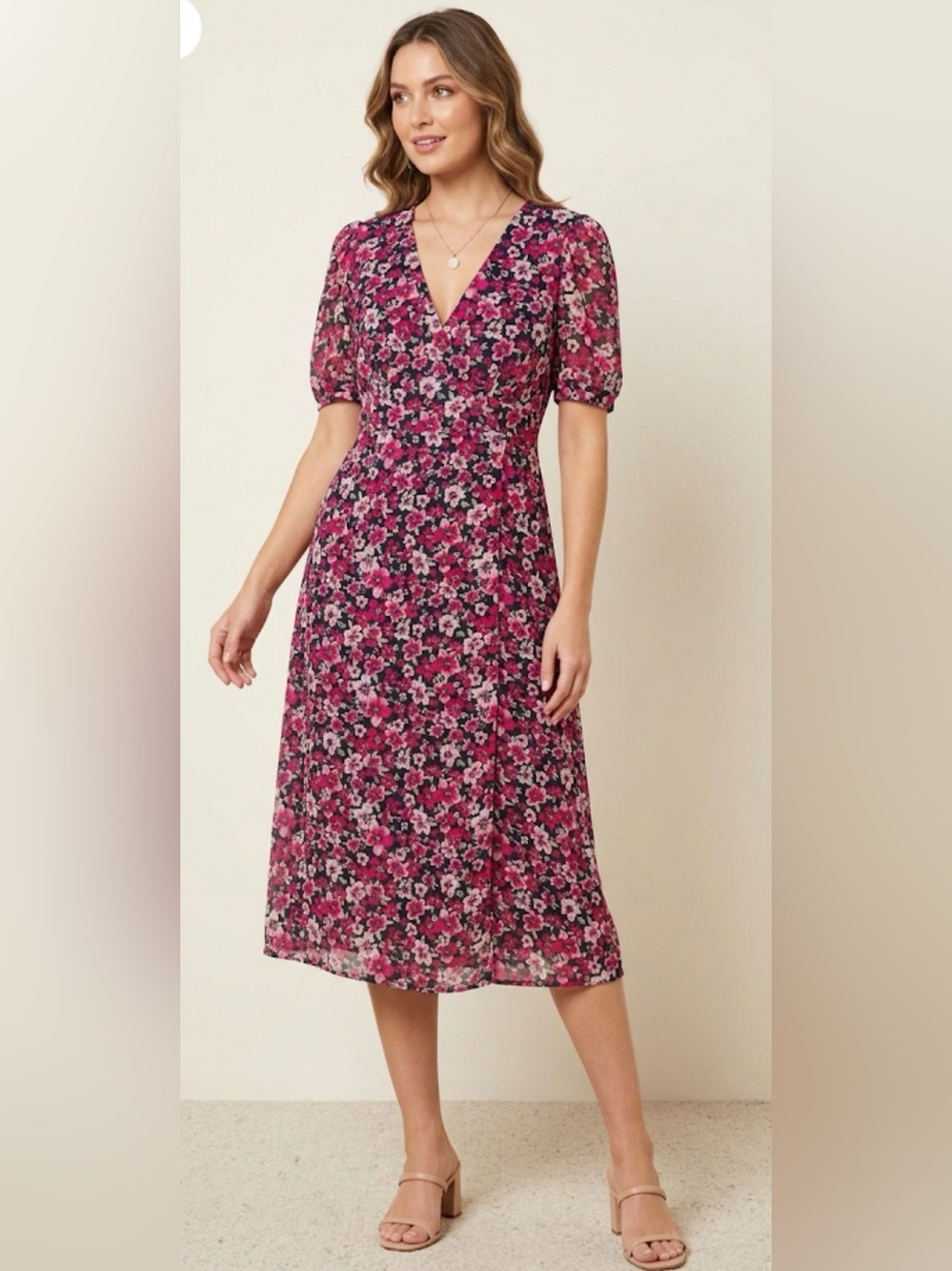 H&M Womens Floral V-Neck Pink & Black Midi dress Size L